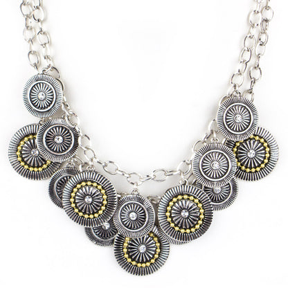 Two-Tone Silver & Gold Statement Necklace with Crystal Disc Charms and CZ Accents, 17 inch + 3 inch Extender