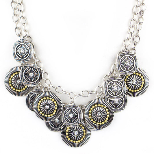 Two-Tone Silver & Gold Statement Necklace with Crystal Disc Charms and CZ Accents, 17 inch + 3 inch Extender