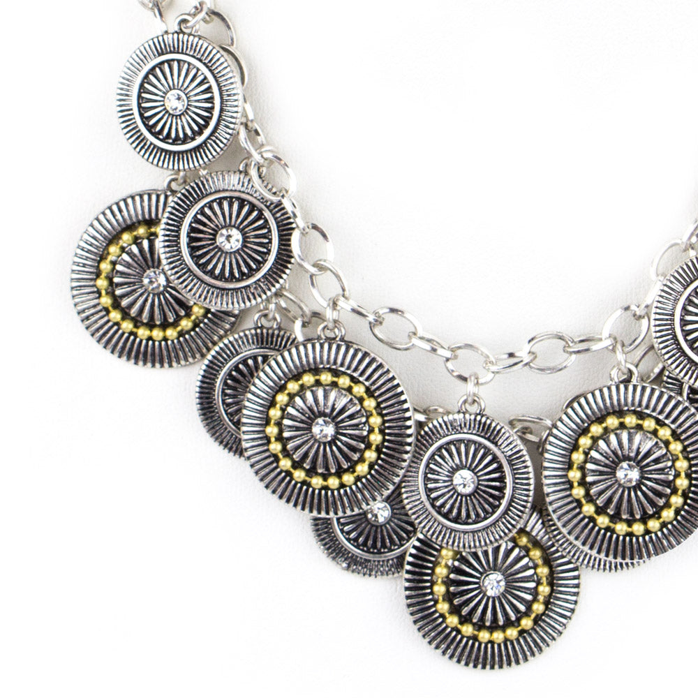 Two-Tone Silver & Gold Statement Necklace with Crystal Disc Charms and CZ Accents, 17 inch + 3 inch Extender