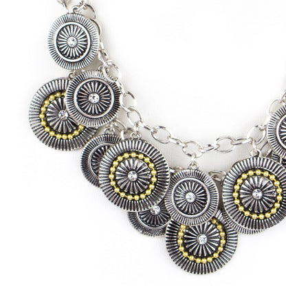 Two-Tone Silver & Gold Statement Necklace with Crystal Disc Charms and CZ Accents, 17 inch + 3 inch Extender