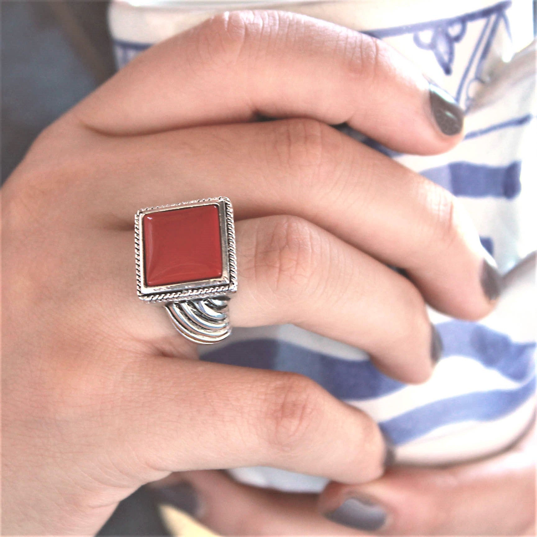 silver ring-red stone ring-genuine stone ring