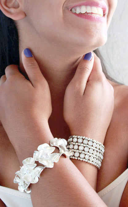 Reversible Austrian Crystal Wide Stretch Cuff Bracelet Silver Tone
