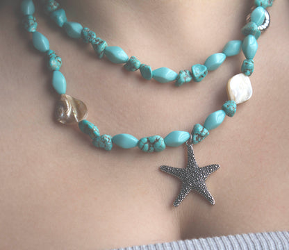 Genuine Turquoise Beaded Starfish Shell Statement Necklace and Matching Seashell Earring Set Beach Jewelry