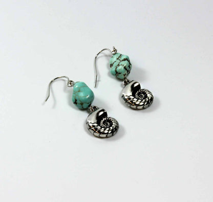 Genuine Turquoise Beaded Starfish Shell Statement Necklace and Matching Seashell Earring Set Beach Jewelry