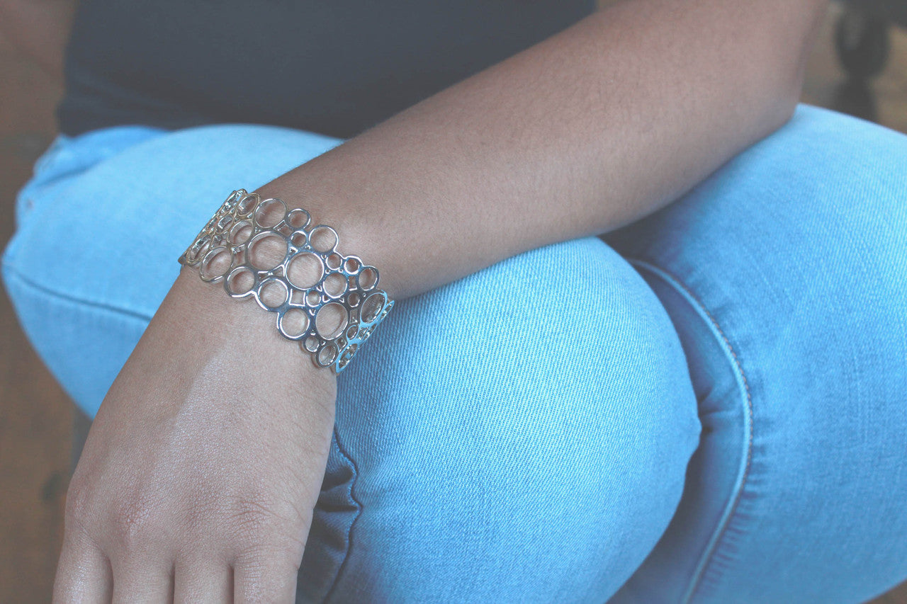 Silver Tone Bubble Pattern Wide Cuff Bracelet Modern Geometric Design Fashion Jewelry