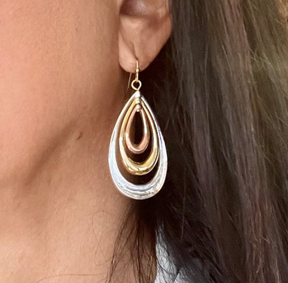 Tri-Color Metal Teardrop Dangle Earrings - 2 Inch Drop Length Fashion Jewelry
