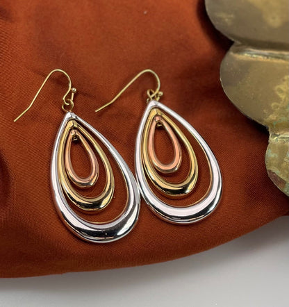 Tri-Color Metal Teardrop Dangle Earrings - 2 Inch Drop Length Fashion Jewelry