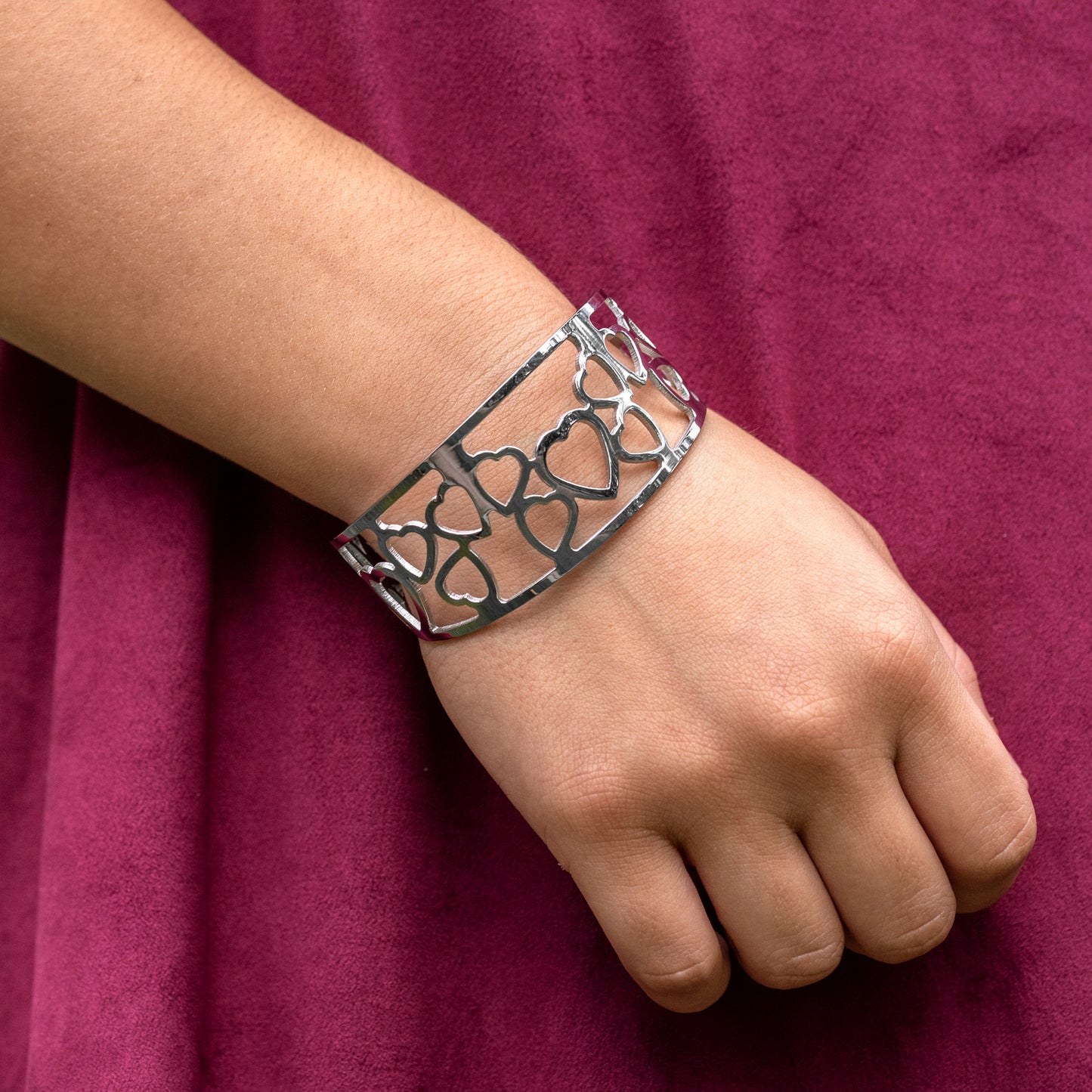 Wide Heart Pattern Stainless Steel Cuff Bracelet for Women - Tarnish-Free Waterproof Fashion Jewelry