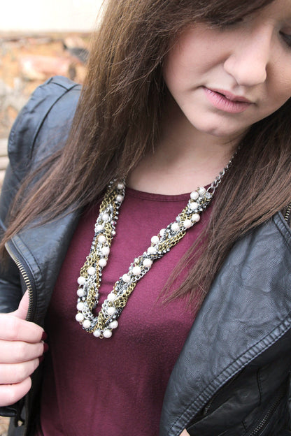 Braided Multi-Chain Statement Necklace with Crystals and Glass Pearls - 26 Inch Mixed Metal Fashion Necklace