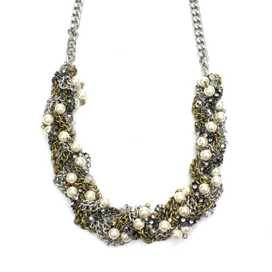 Braided Multi-Chain Statement Necklace with Crystals and Glass Pearls - 26 Inch Mixed Metal Fashion Necklace