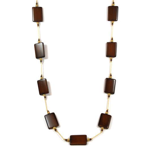 36 Inch Brown Wood Bead Station Necklace with Gold Tone Accents