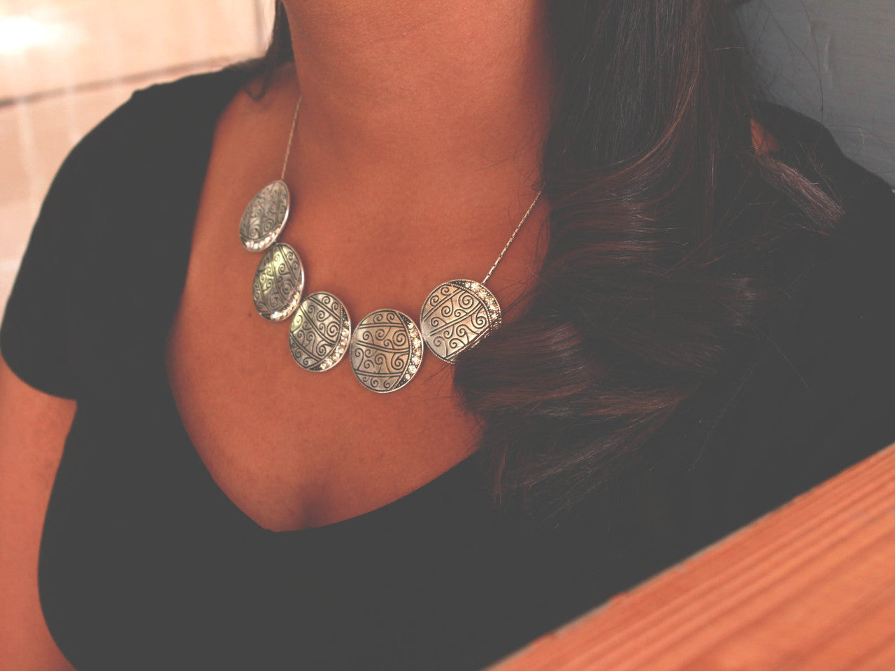 Antique Silver Tone Crystal Disc Statement Necklace with Ancient Rune Design