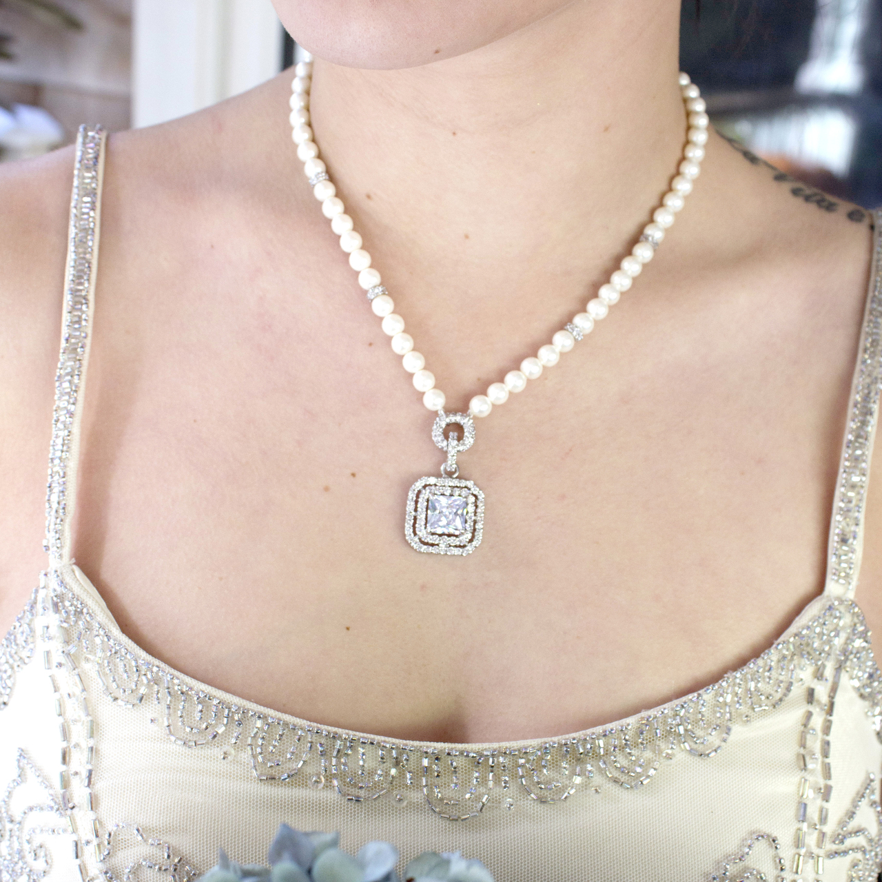 Moonlit Serenade Pearl and Cubic Zirconia Necklace